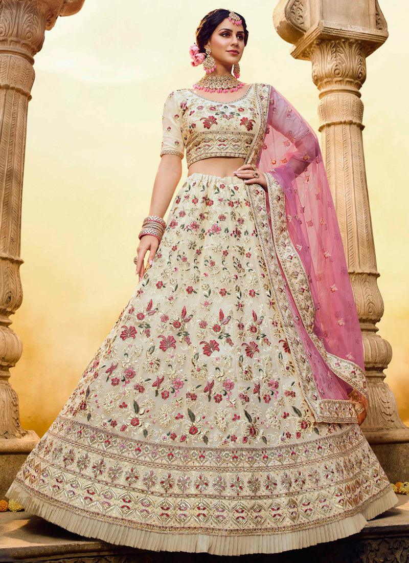 Off-White Resham Zarkan Dori Georgette Base Lehenga Choli