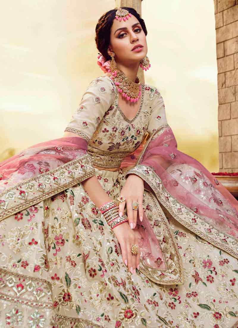 Off-White Resham Zarkan Dori Georgette Base Lehenga Choli