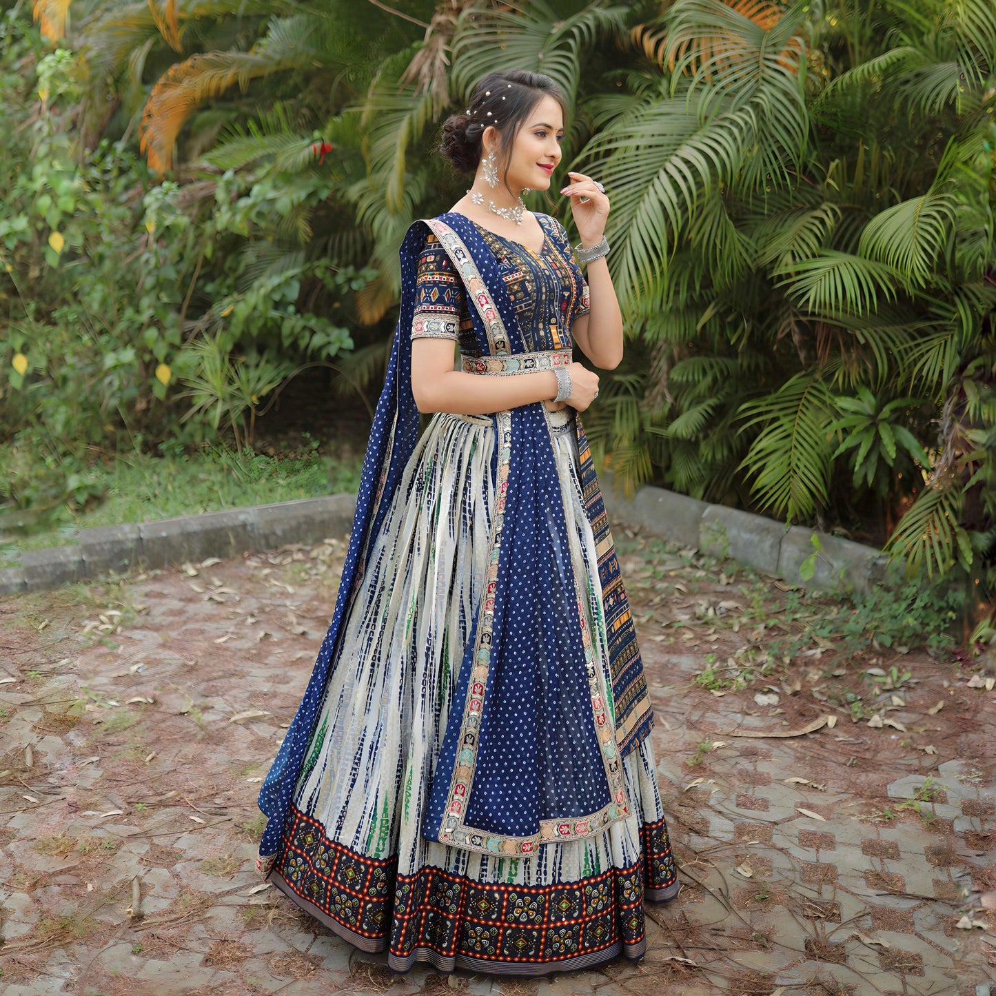 Off White Shibori Printed Sequins Embroidered Navratri Lehenga Set