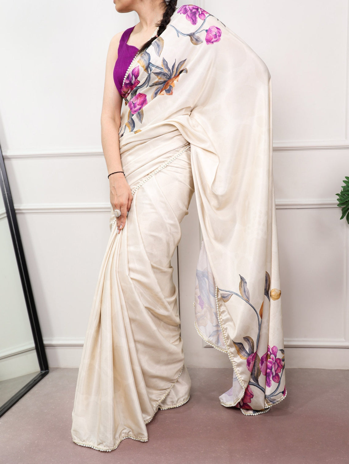 Off White Silk Printed Saree with Pearl Lace