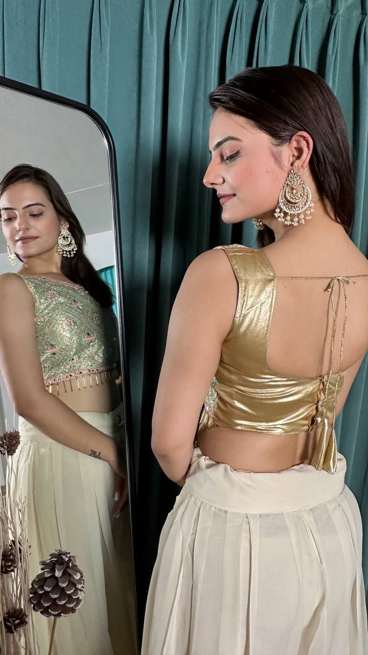 Off White Stylish Georgette Plazo Set with Mirror & Stone Work