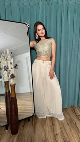 Off White Stylish Georgette Plazo Set with Mirror & Stone Work