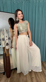 Off White Stylish Georgette Plazo Set with Mirror & Stone Work