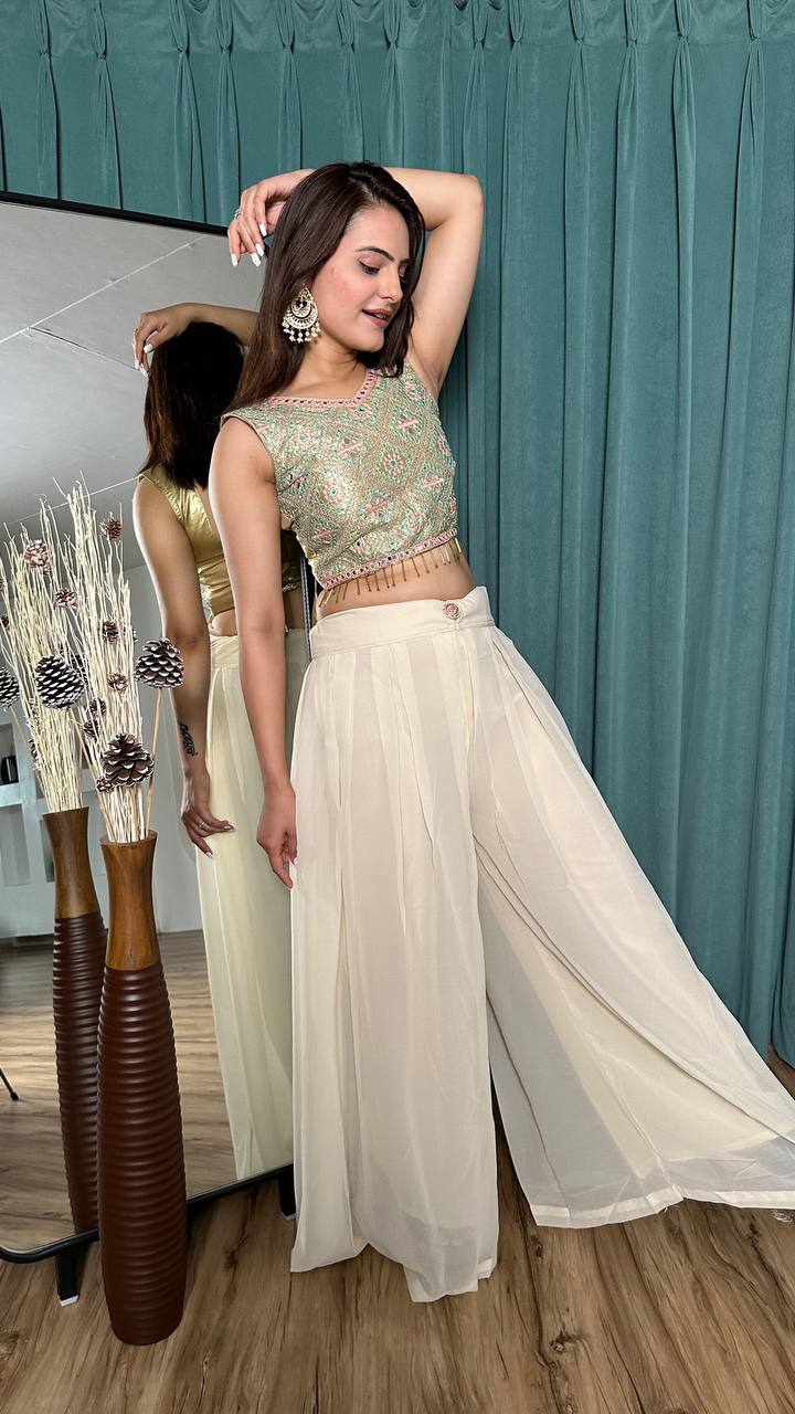 Off White Stylish Georgette Plazo Set with Mirror & Stone Work