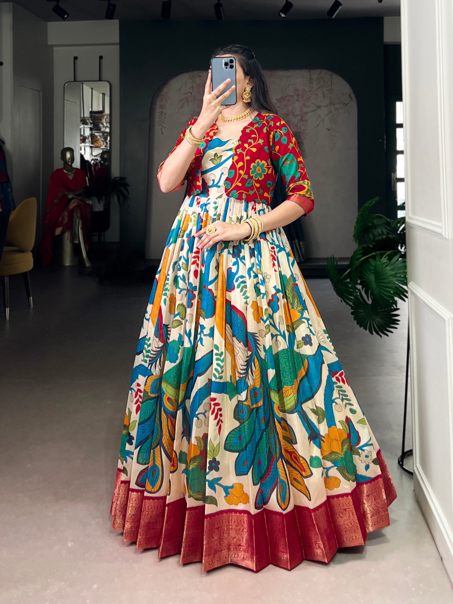Off White Tasar Silk Kalamkari Print Stitched Gown with Zari Weaving Koti – Full Flair Party Wear Gown Set for Women