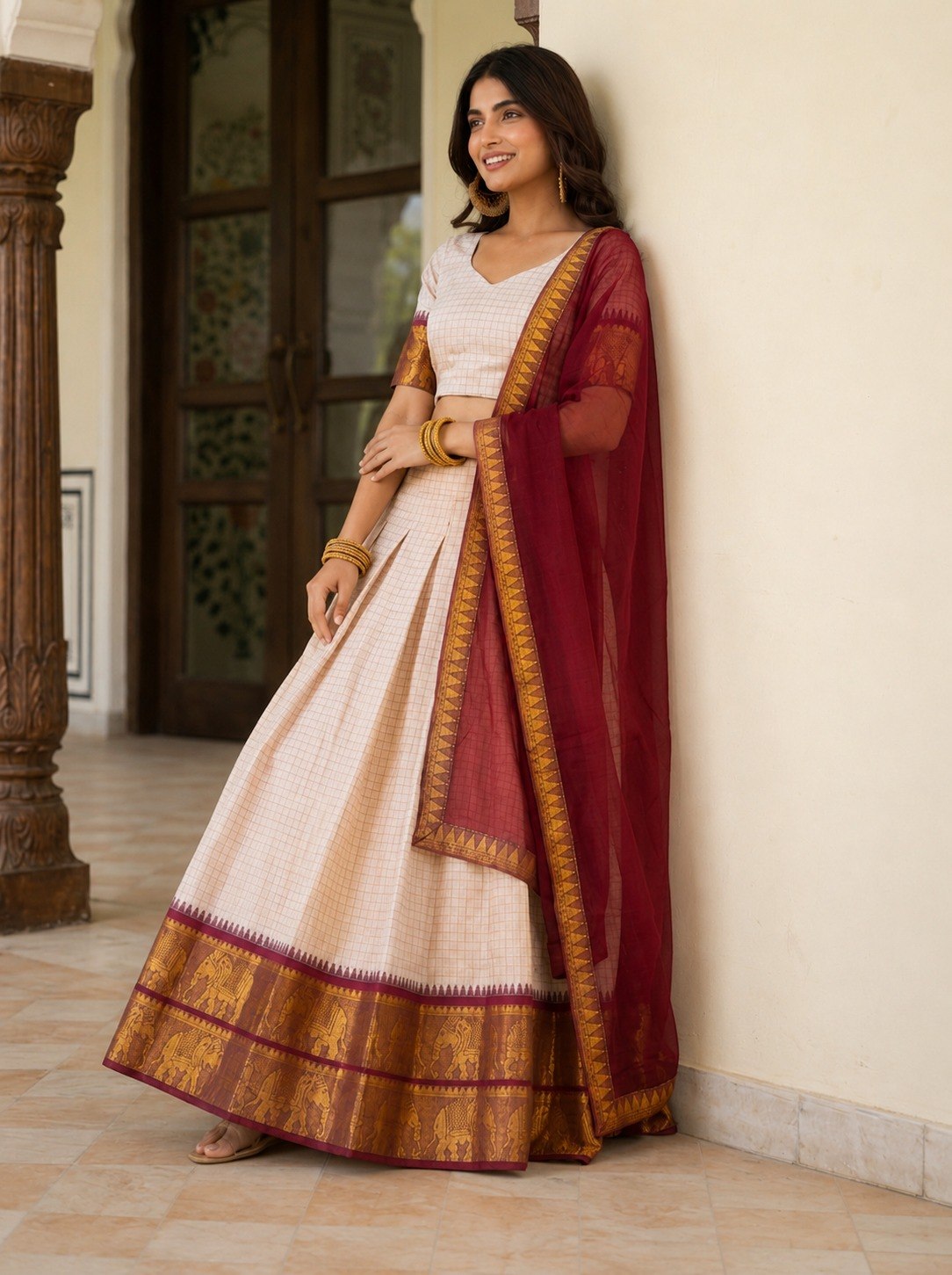 Off White Zari Weave Lehenga Choli