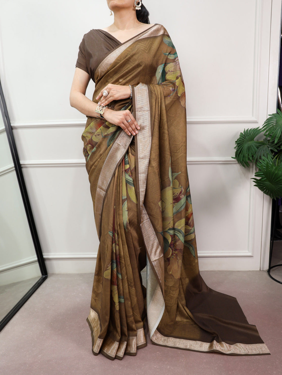 Olive Brown Printed Silk Saree