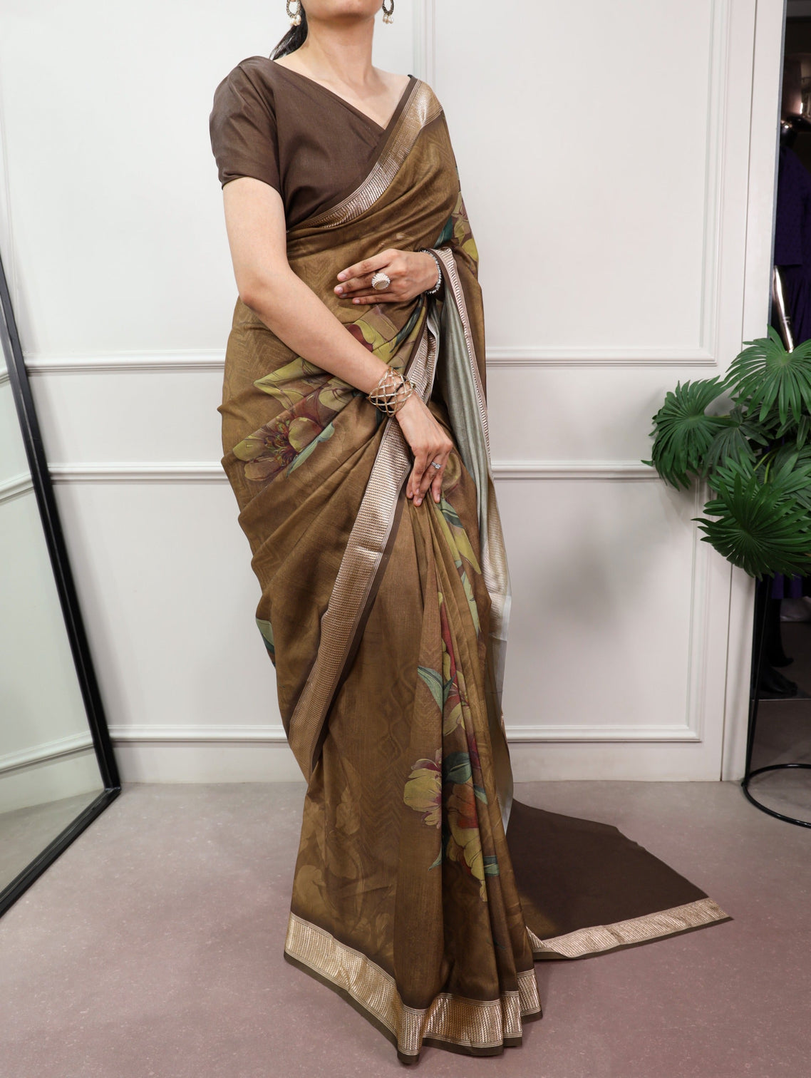 Olive Brown Printed Silk Saree