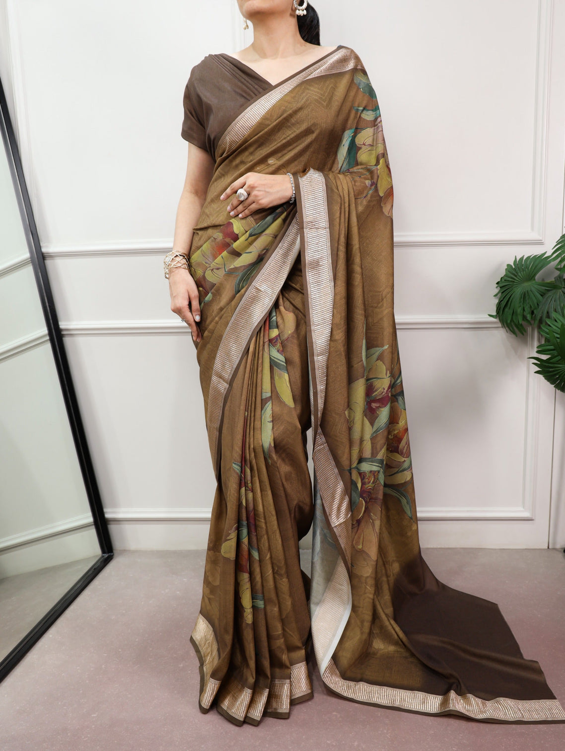 Olive Brown Printed Silk Saree
