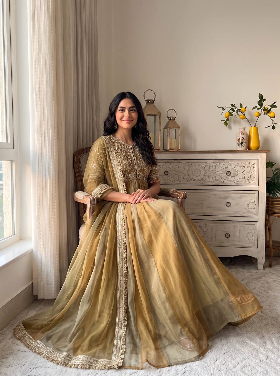 Olive Embroidered Beads Work Gown