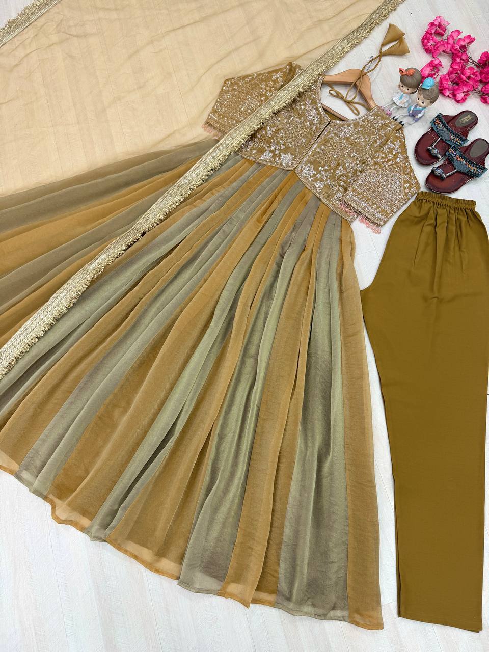 Olive Embroidered Beads Work Gown