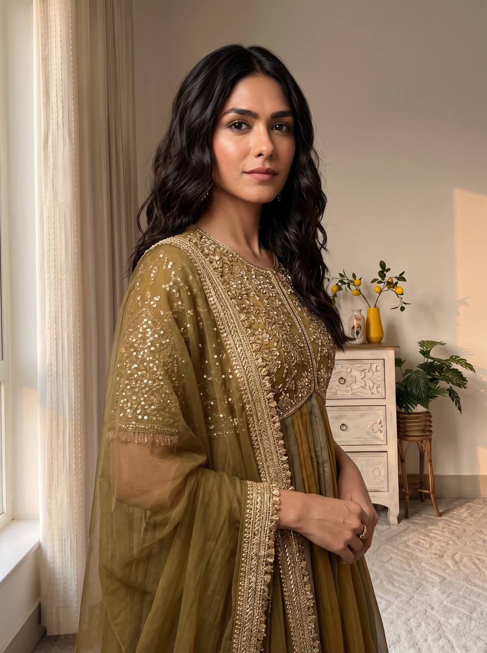 Olive Embroidered Beads Work Gown
