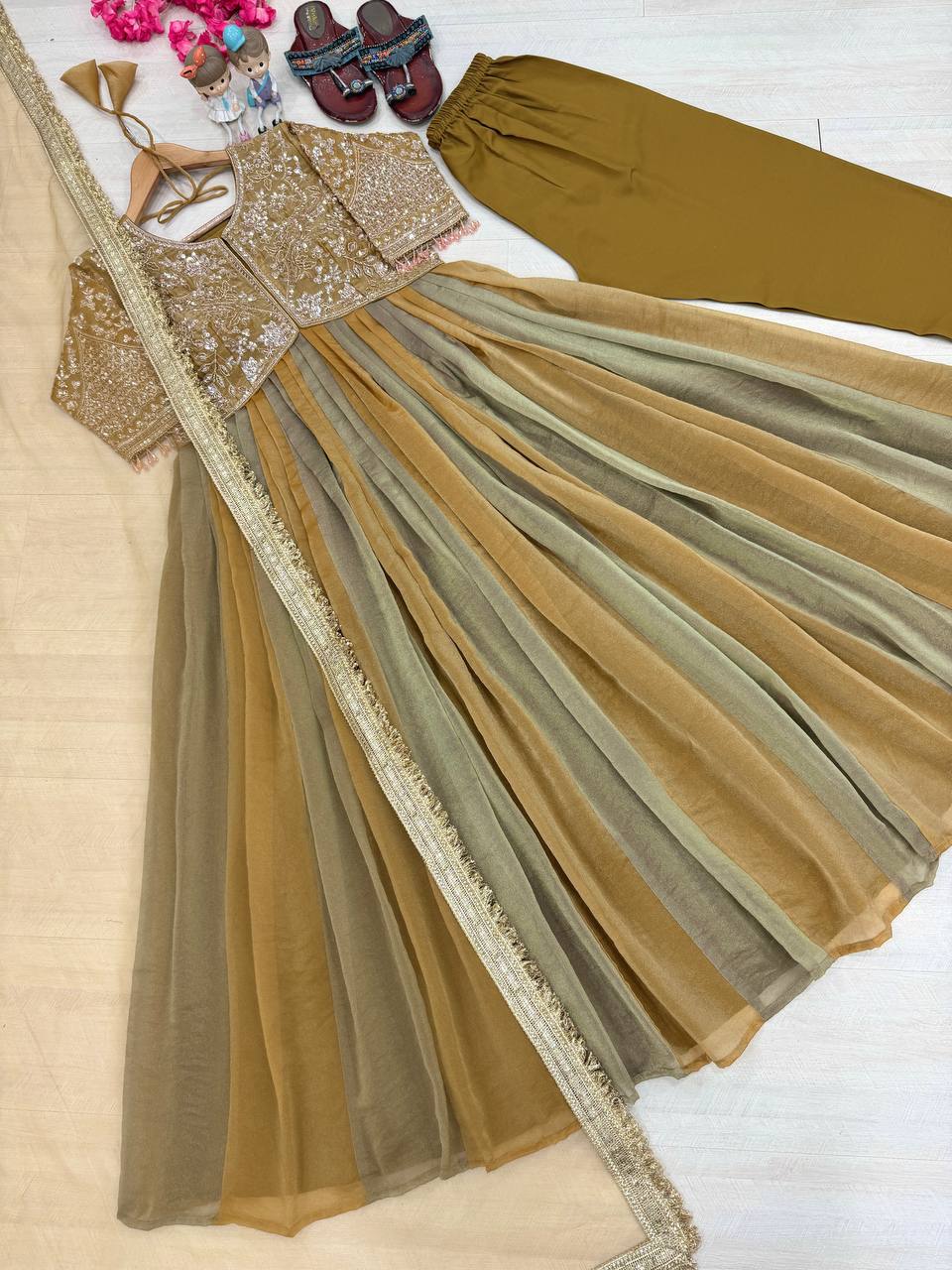 Olive Embroidered Beads Work Gown