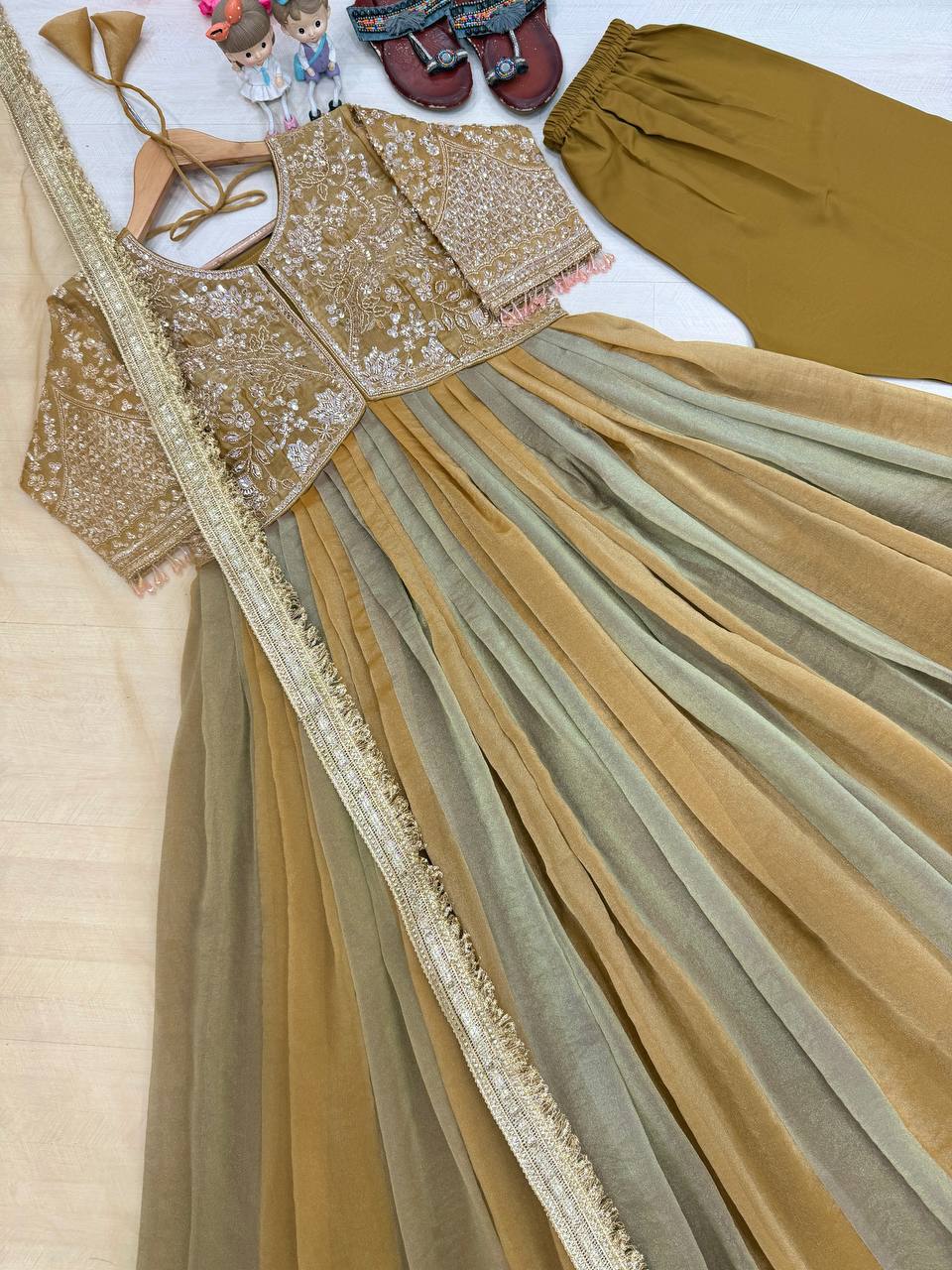 Olive Embroidered Beads Work Gown