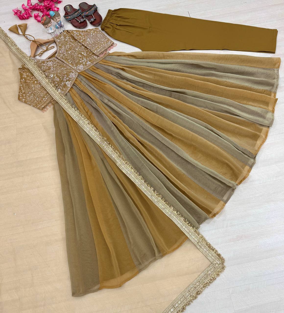 Olive Embroidered Beads Work Gown