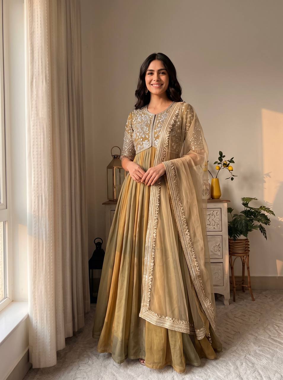 Olive Embroidered Beads Work Gown