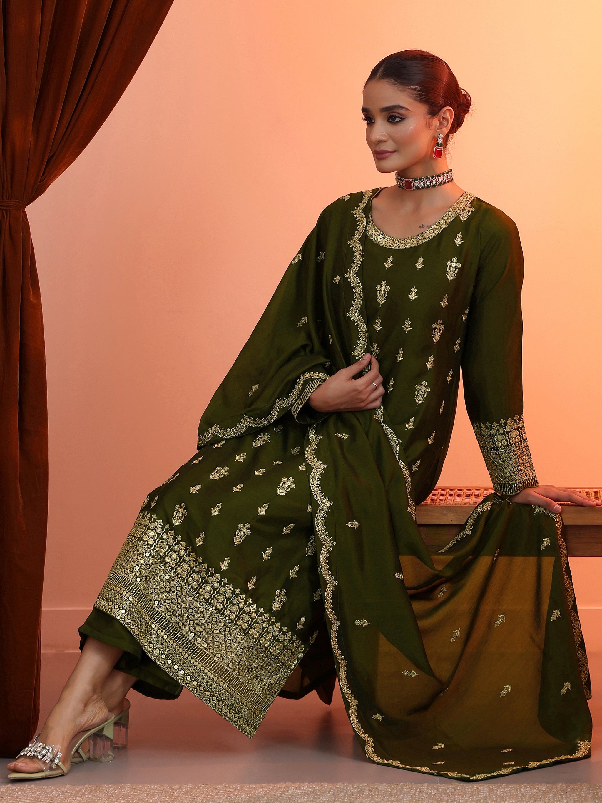 Libas Olive Embroidered Chinon Straight Suit Set With Dupatta