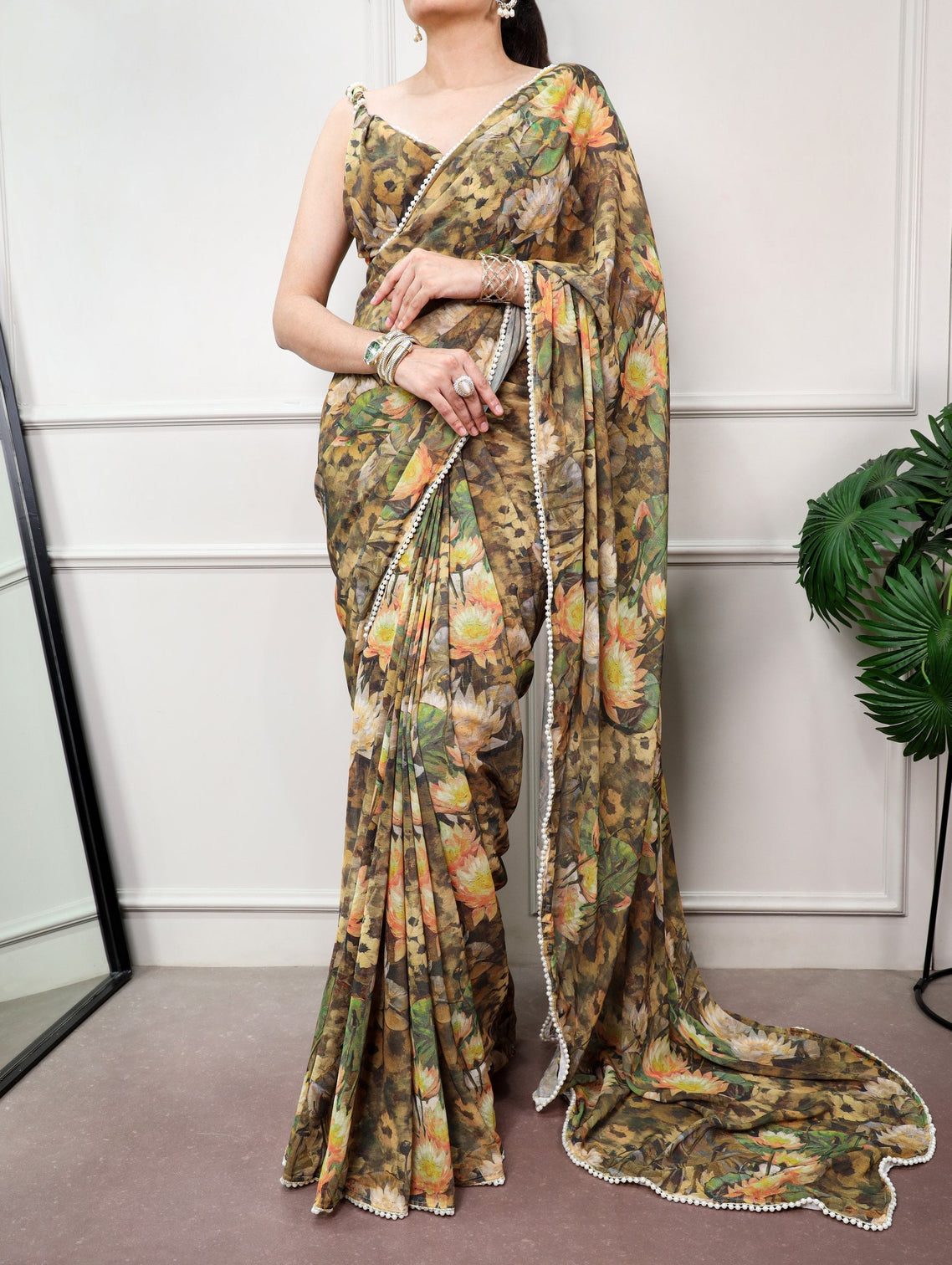 Olive Floral Saree with Pearl Lace