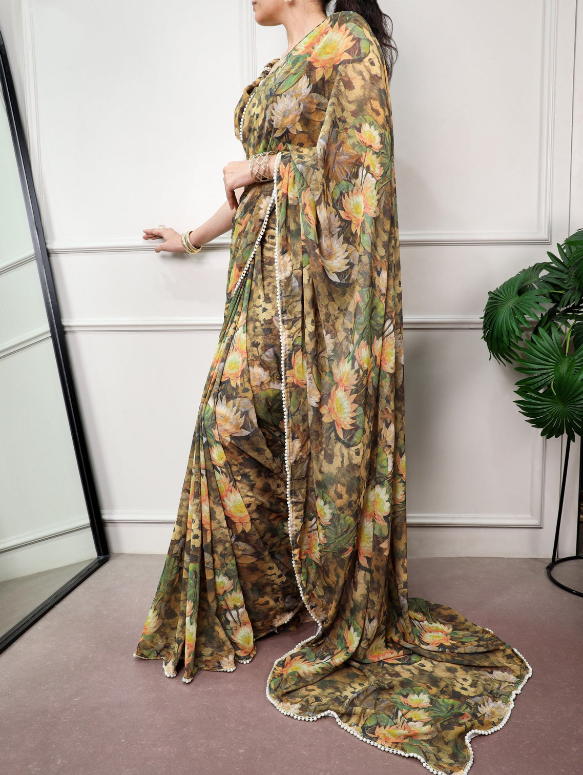 Olive Floral Saree with Pearl Lace
