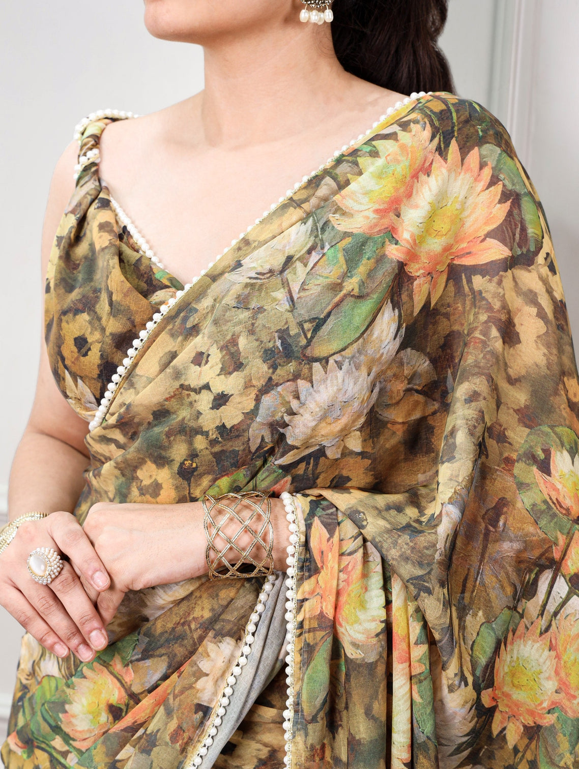 Olive Floral Saree with Pearl Lace