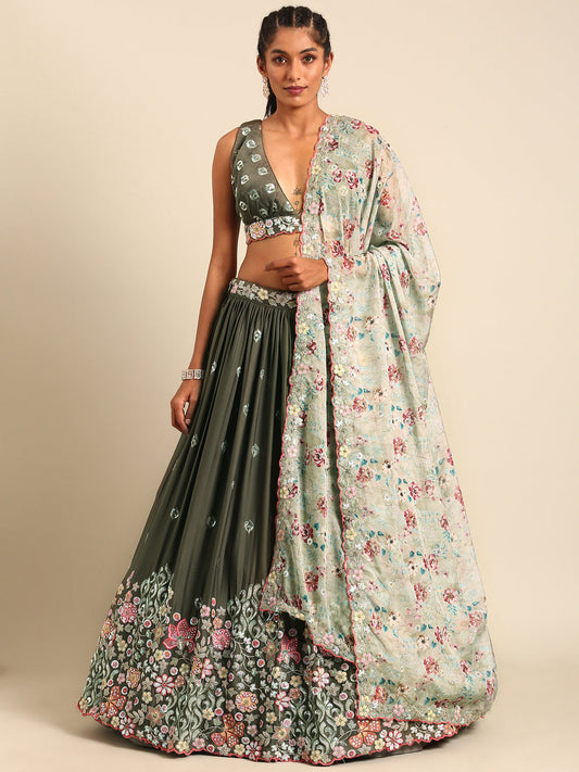 Olive Green Chinon Lehenga Choli Set with Sequin Embroidery & Organza Dupatta | embroidered, embroidered lehenga, festive, festive lehenga, Indian, Indian wedding lehenga, olive, olive green, olive green lehenga choli, organza, organza dupatta, party, party wear, party wear lehenga, semi-stitched, semi-stitched lehenga, sequin, sequin lehenga, wedding | MarMera