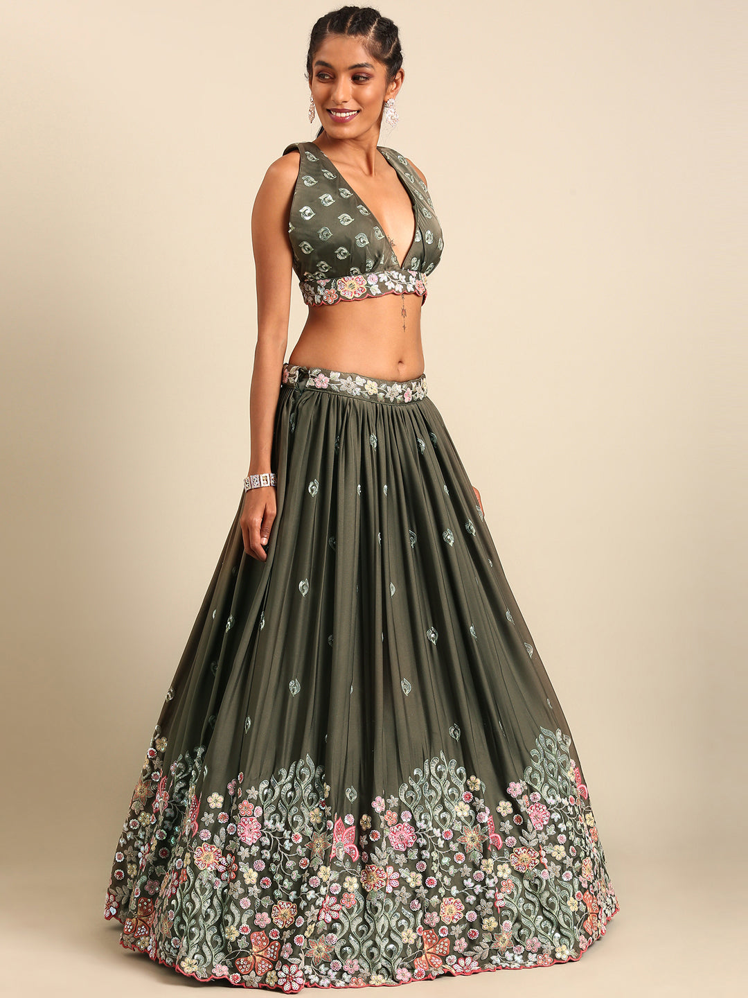 Olive Green Chinon Lehenga Choli Set with Sequin Embroidery & Organza Dupatta