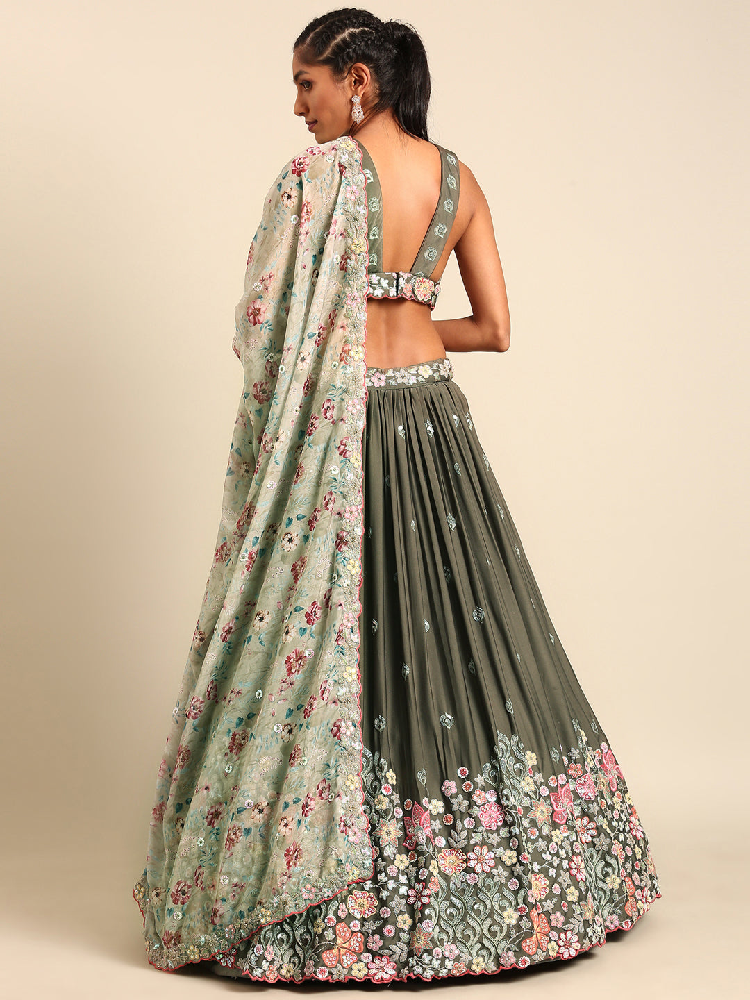 Olive Green Chinon Lehenga Choli Set with Sequin Embroidery & Organza Dupatta