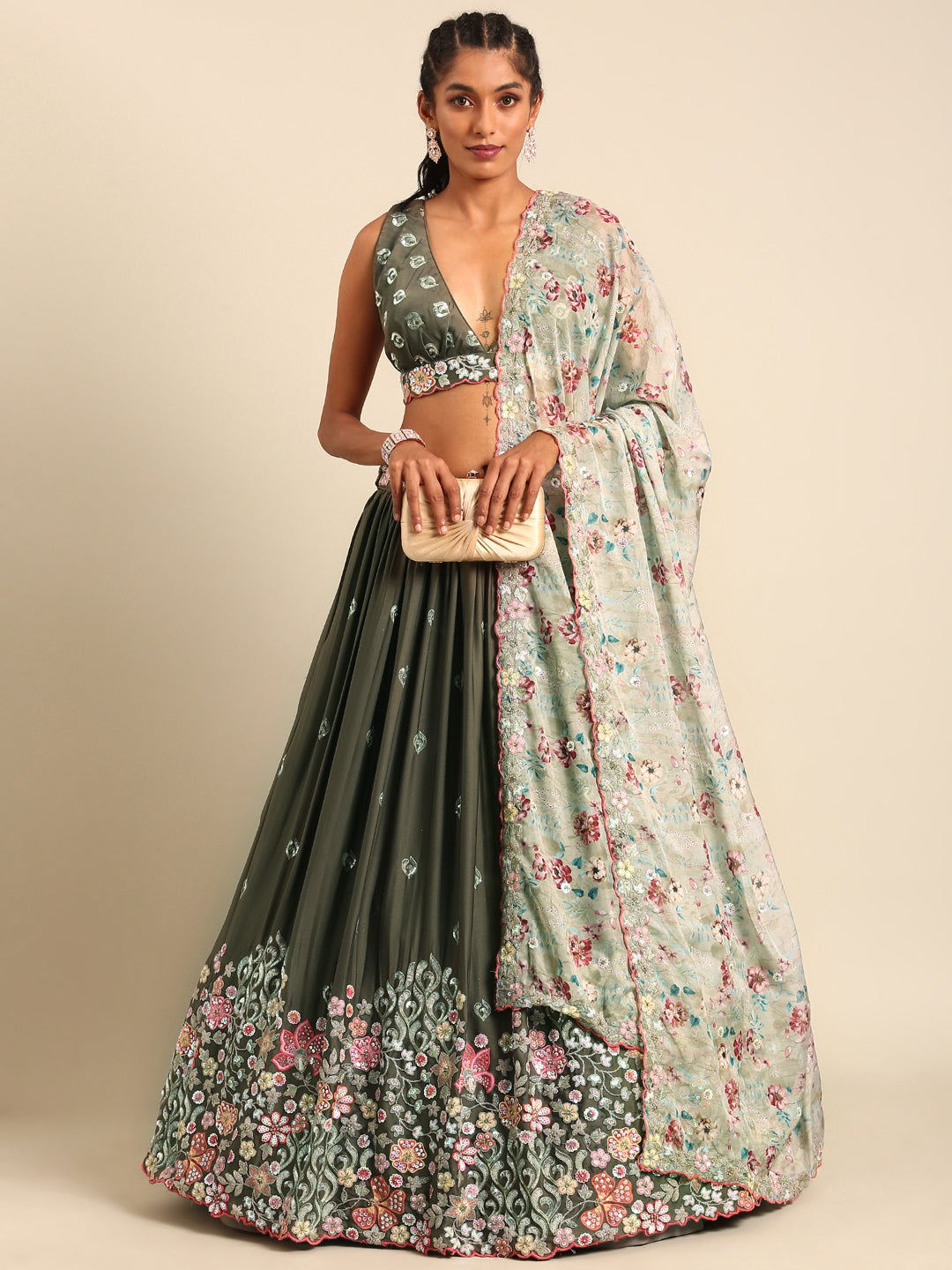 Olive Green Chinon Lehenga Choli Set with Sequin Embroidery & Organza Dupatta