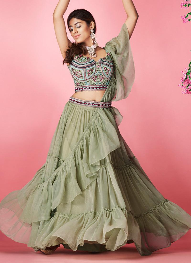 Olive Green Color Sleeveless Hand Work Blouse With Chiffon Fabric Lehenga