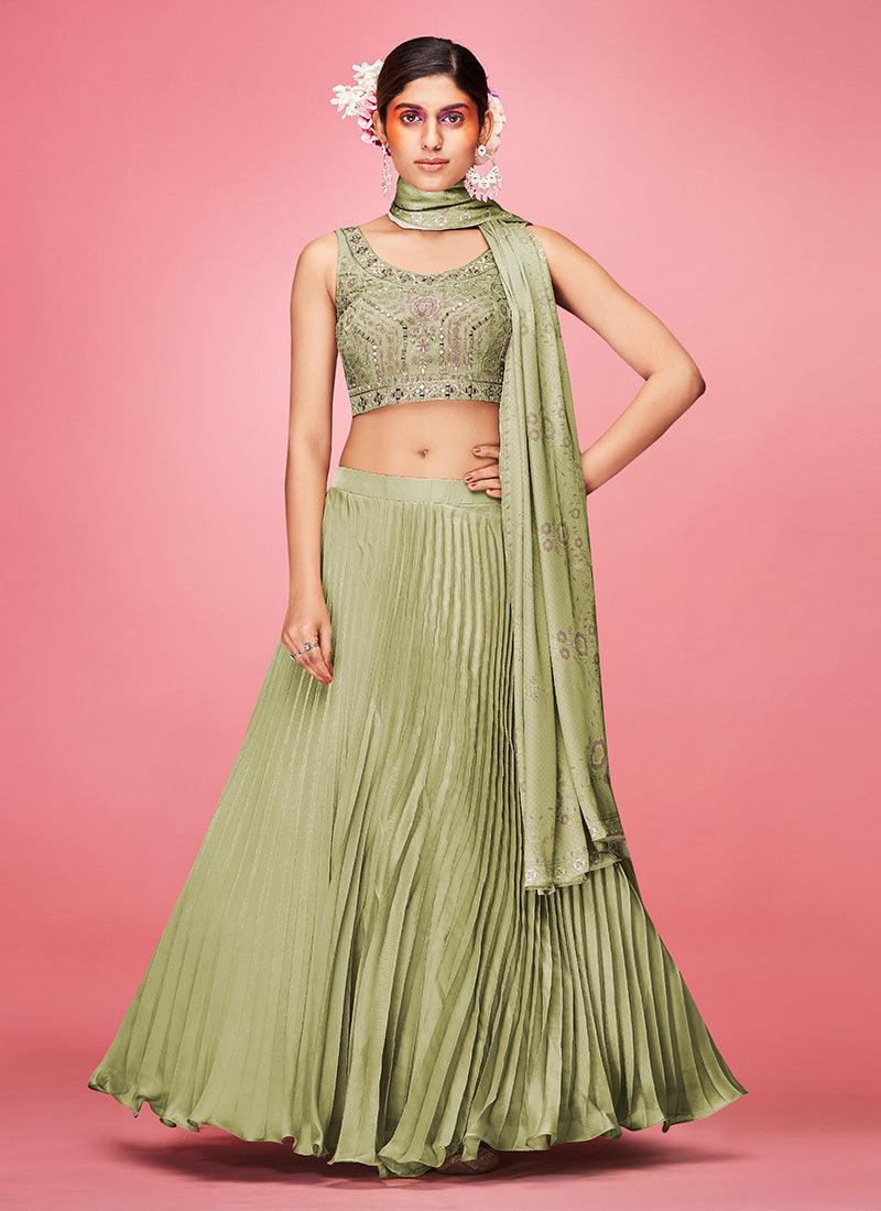 Olive Green Crushed Lehenga Choli With Dupatta