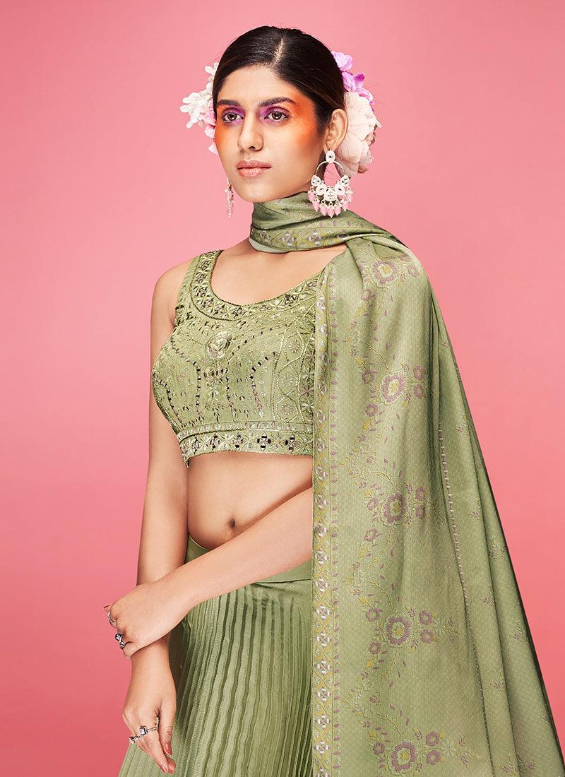 Olive Green Crushed Lehenga Choli With Dupatta