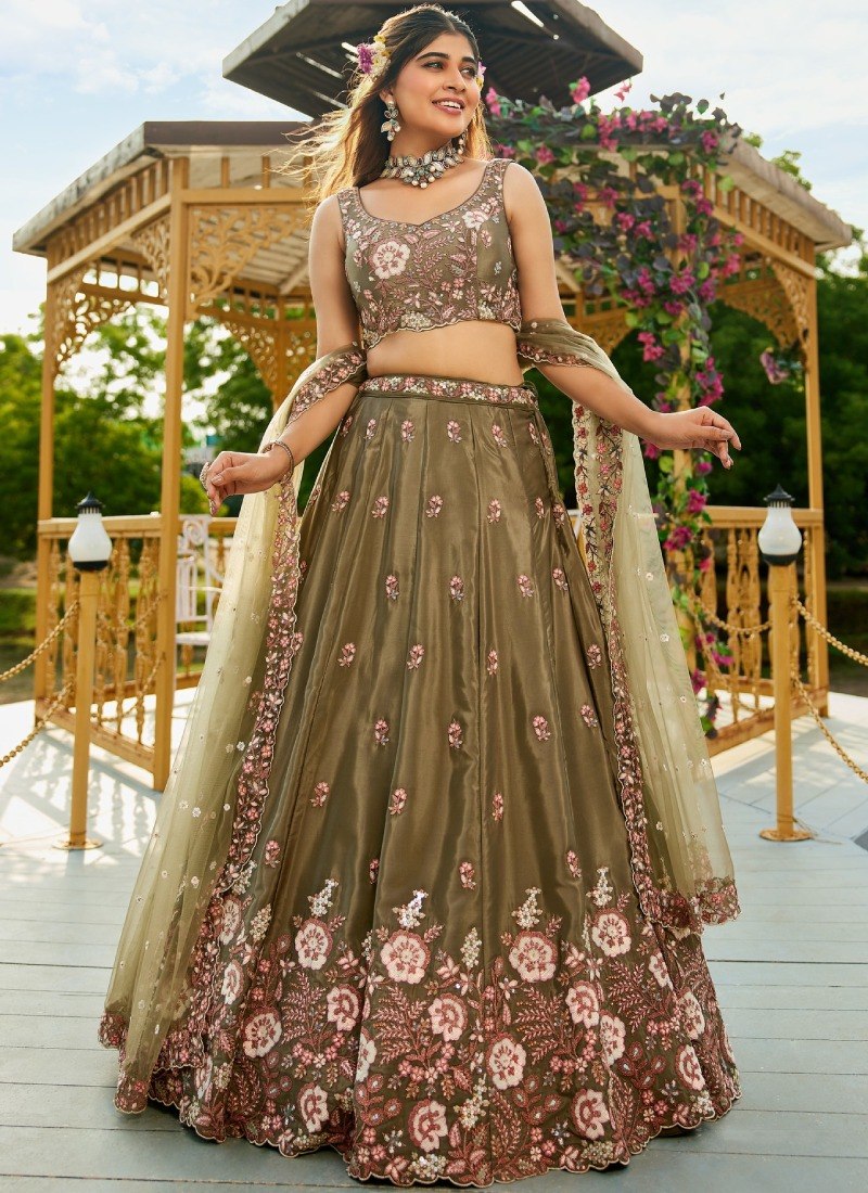 Olive Green Designer Embroidery Lehenga Choli