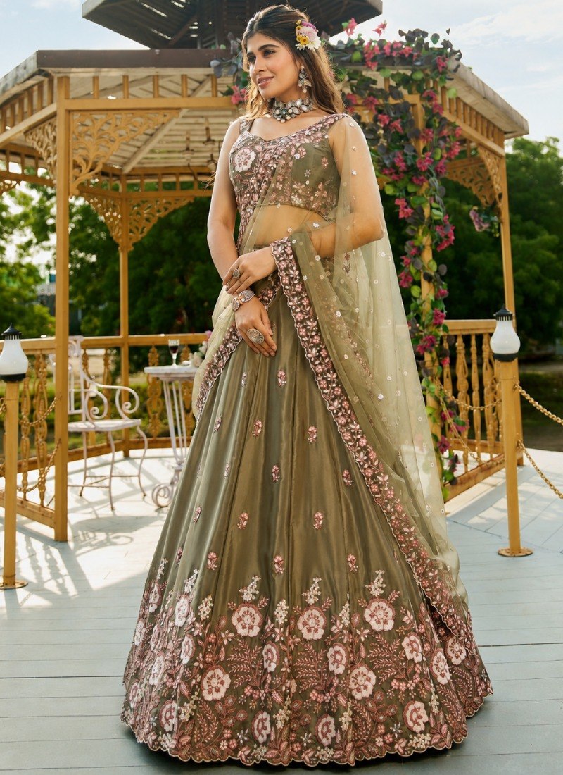 Olive Green Designer Embroidery Lehenga Choli