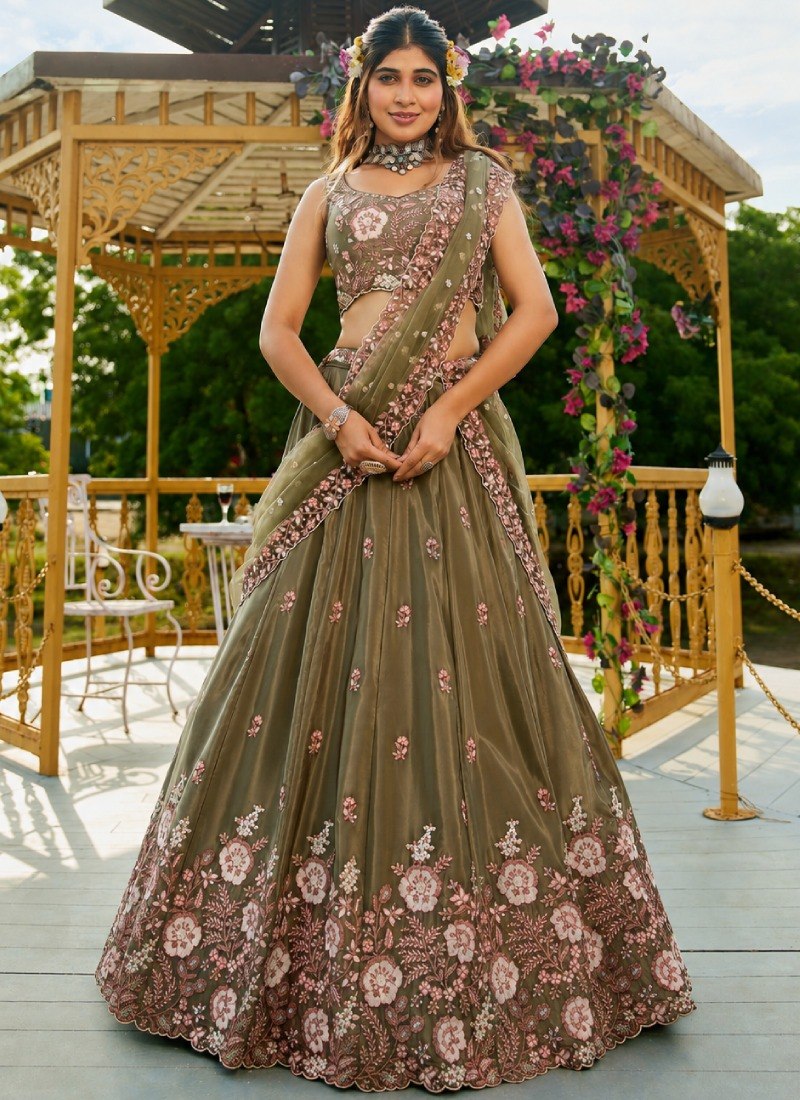 Olive Green Designer Embroidery Lehenga Choli