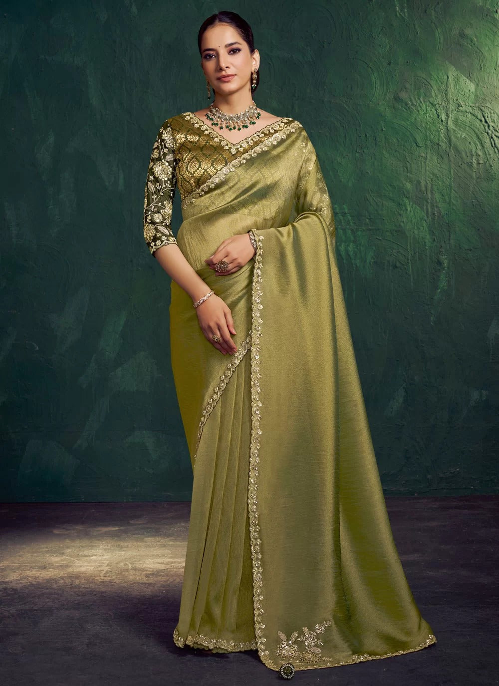 Refined olive green designer indian saree in zari tissue silk
