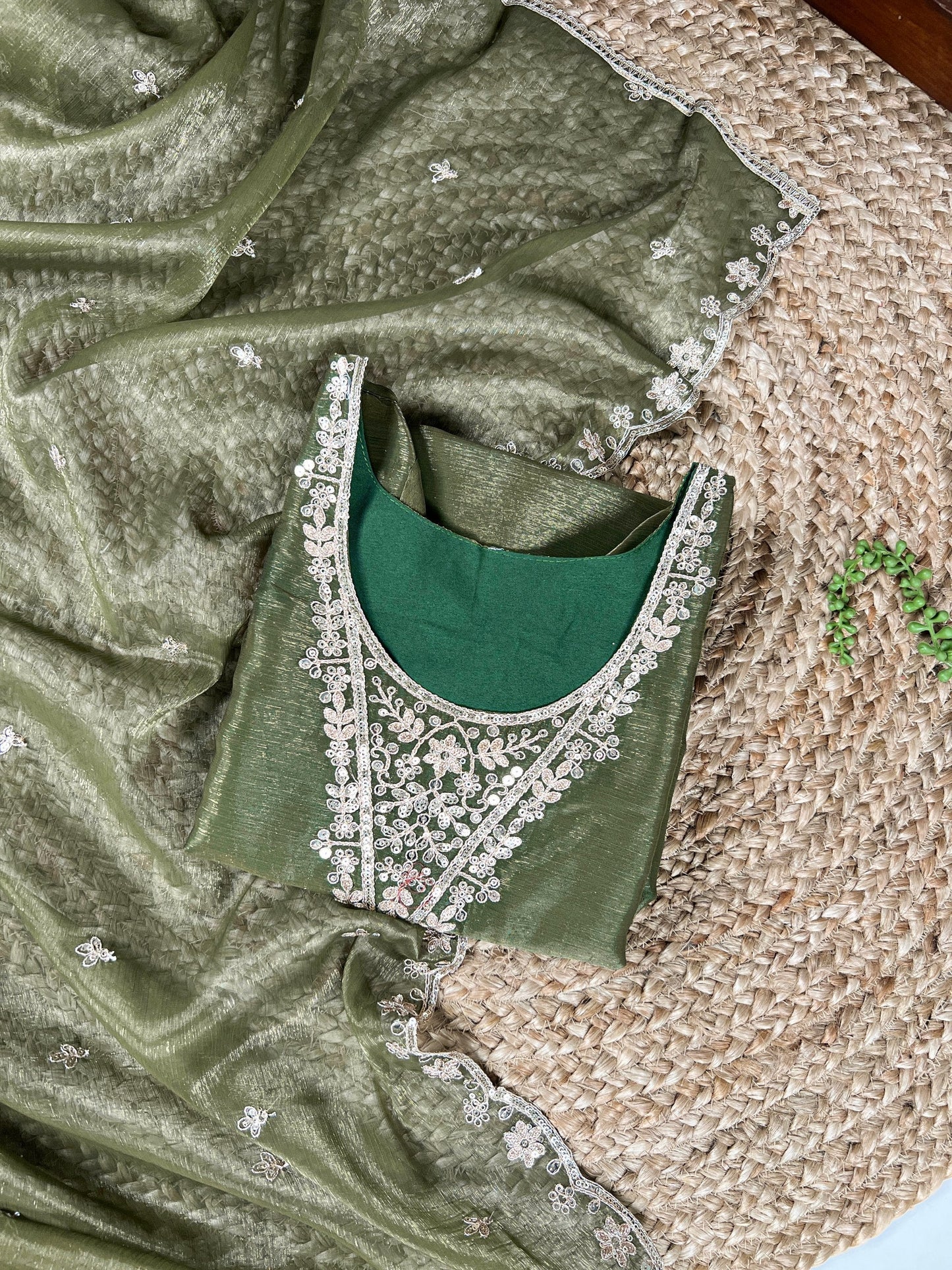 Olive Green Elegant Gold Coin Top & Maska Cotton Bottom Set with Sequins & Thread Embroidery – Stitched Top with Matching Dupatta