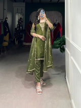 Olive Green Elegant Gold Coin Top & Maska Cotton Bottom Set with Sequins & Thread Embroidery – Stitched Top with Matching Dupatta
