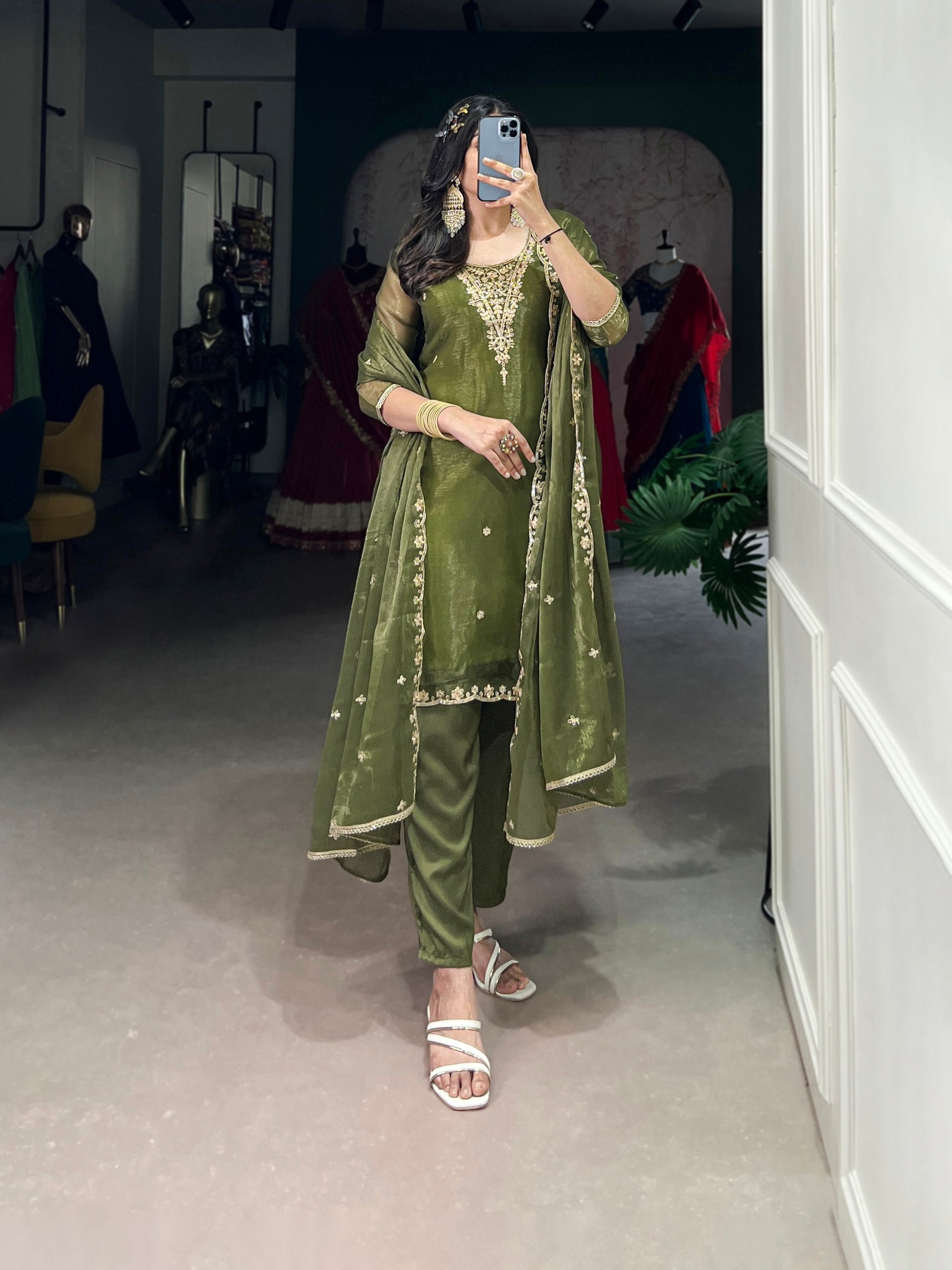 Olive Green Elegant Gold Coin Top & Maska Cotton Bottom Set with Sequins & Thread Embroidery – Stitched Top with Matching Dupatta