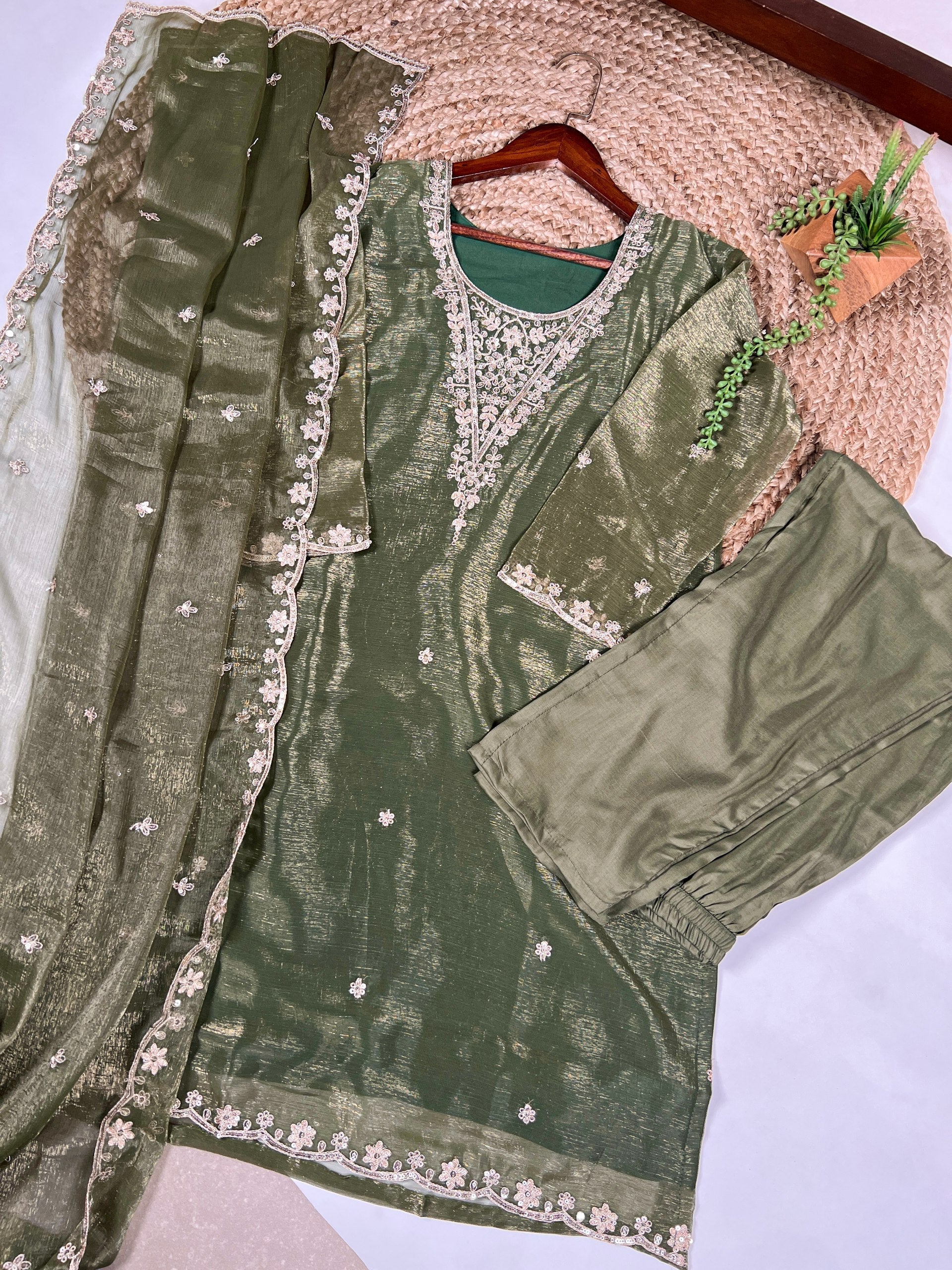 Olive Green Elegant Gold Coin Top & Maska Cotton Bottom Set with Sequins & Thread Embroidery – Stitched Top with Matching Dupatta