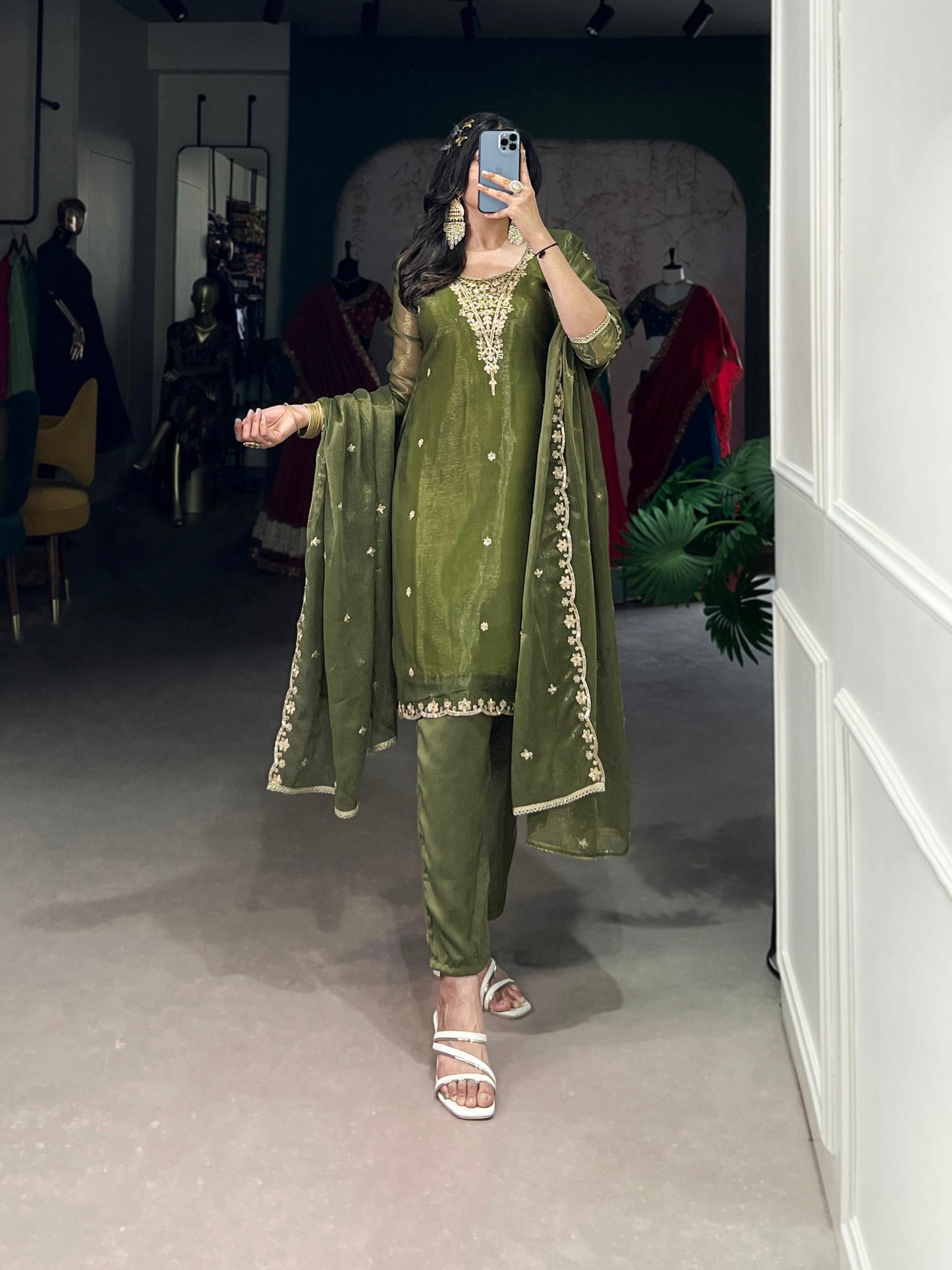 Olive Green Elegant Gold Coin Top & Maska Cotton Bottom Set with Sequins & Thread Embroidery – Stitched Top with Matching Dupatta