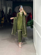 Olive Green Elegant Gold Coin Top & Maska Cotton Bottom Set with Sequins & Thread Embroidery – Stitched Top with Matching Dupatta