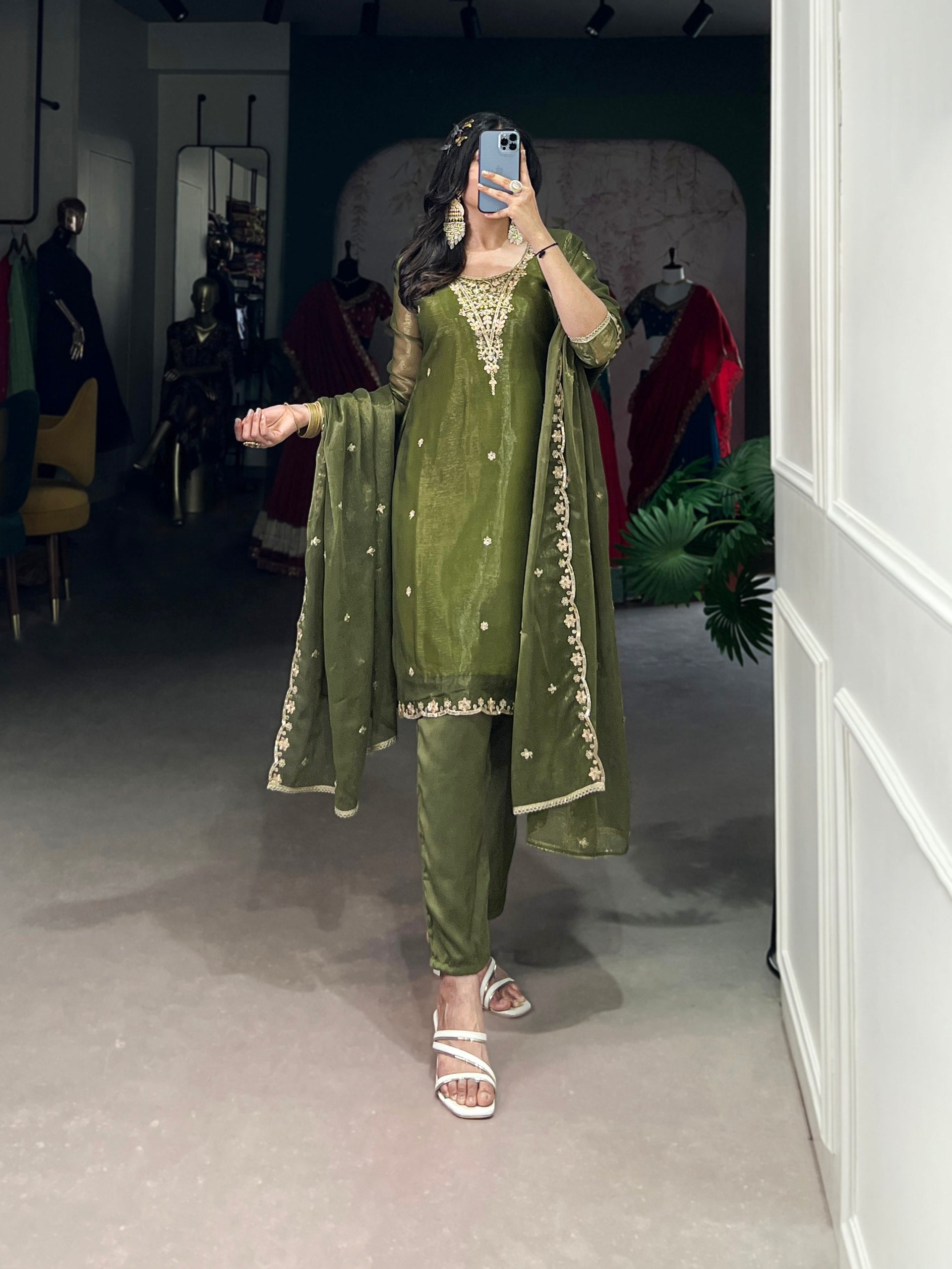 Olive Green Elegant Gold Coin Top & Maska Cotton Bottom Set with Sequins & Thread Embroidery – Stitched Top with Matching Dupatta