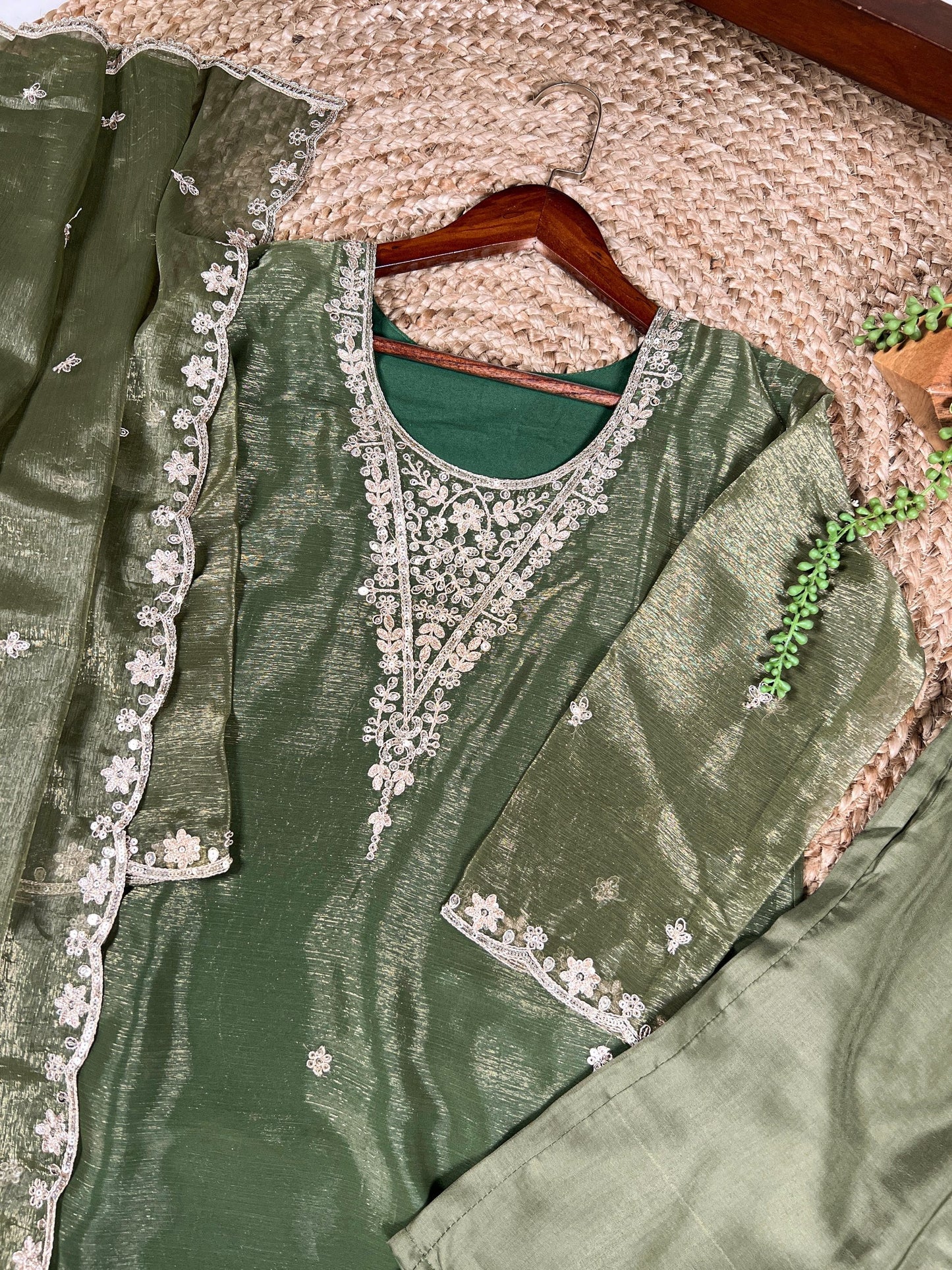 Olive Green Elegant Gold Coin Top & Maska Cotton Bottom Set with Sequins & Thread Embroidery – Stitched Top with Matching Dupatta
