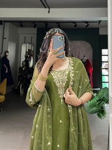 Olive Green Elegant Gold Coin Top & Maska Cotton Bottom Set with Sequins & Thread Embroidery – Stitched Top with Matching Dupatta