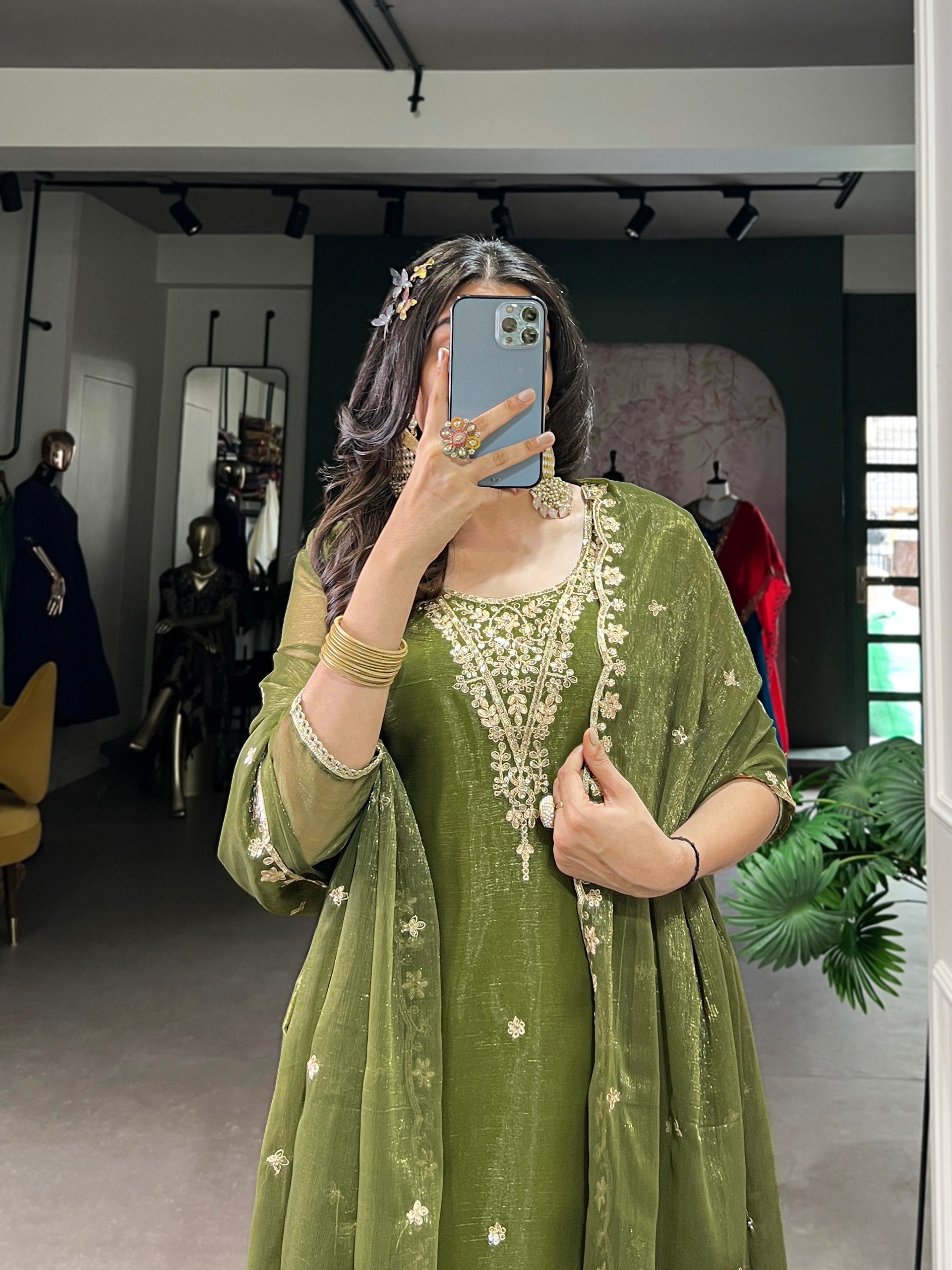 Olive Green Elegant Gold Coin Top & Maska Cotton Bottom Set with Sequins & Thread Embroidery – Stitched Top with Matching Dupatta