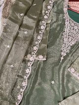 Olive Green Elegant Gold Coin Top & Maska Cotton Bottom Set with Sequins & Thread Embroidery – Stitched Top with Matching Dupatta