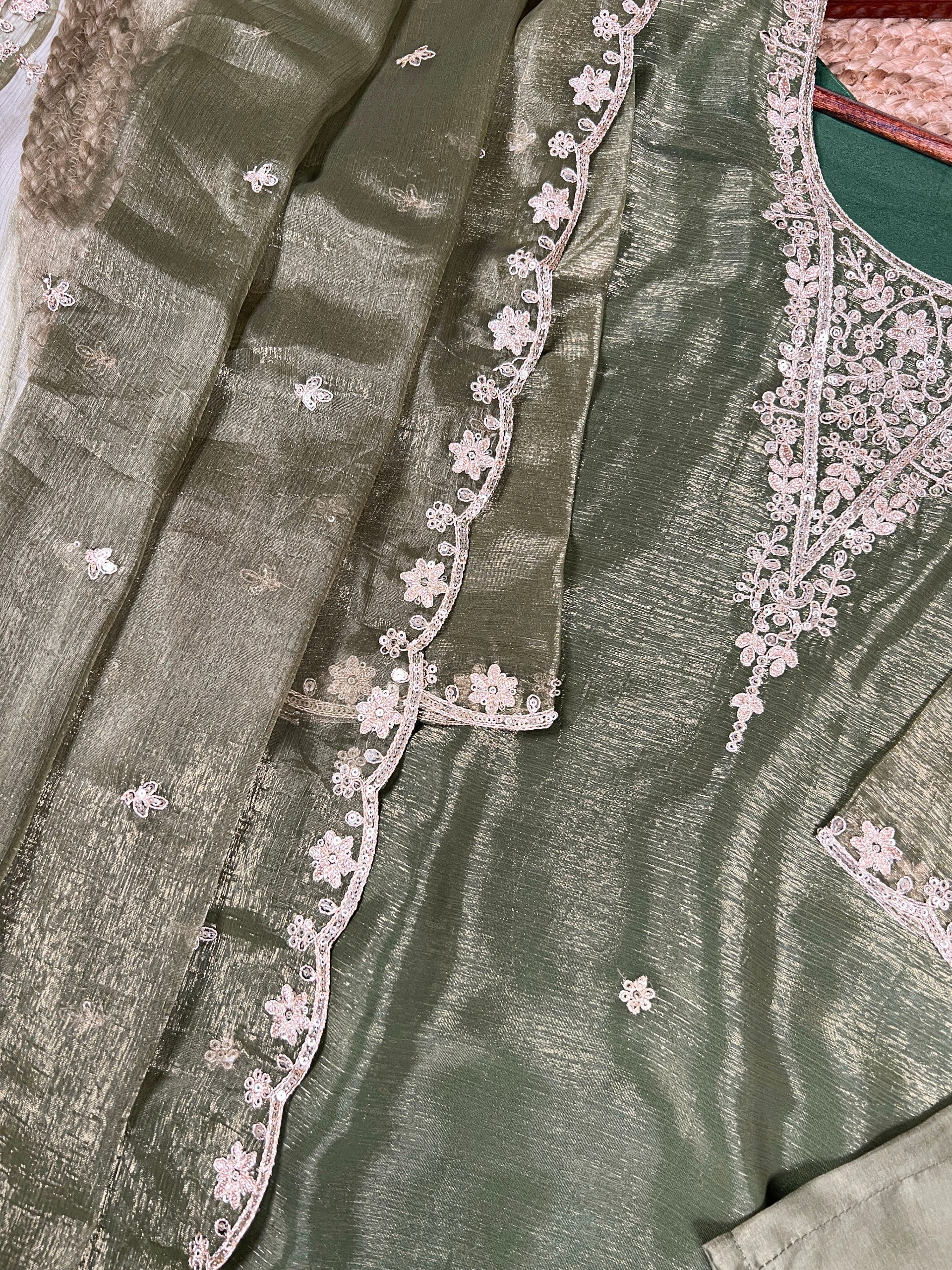 Olive Green Elegant Gold Coin Top & Maska Cotton Bottom Set with Sequins & Thread Embroidery – Stitched Top with Matching Dupatta