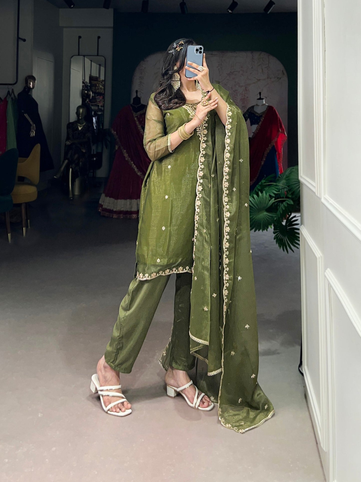Olive Green Elegant Gold Coin Top & Maska Cotton Bottom Set with Sequins & Thread Embroidery – Stitched Top with Matching Dupatta