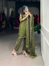 Olive Green Elegant Gold Coin Top & Maska Cotton Bottom Set with Sequins & Thread Embroidery – Stitched Top with Matching Dupatta