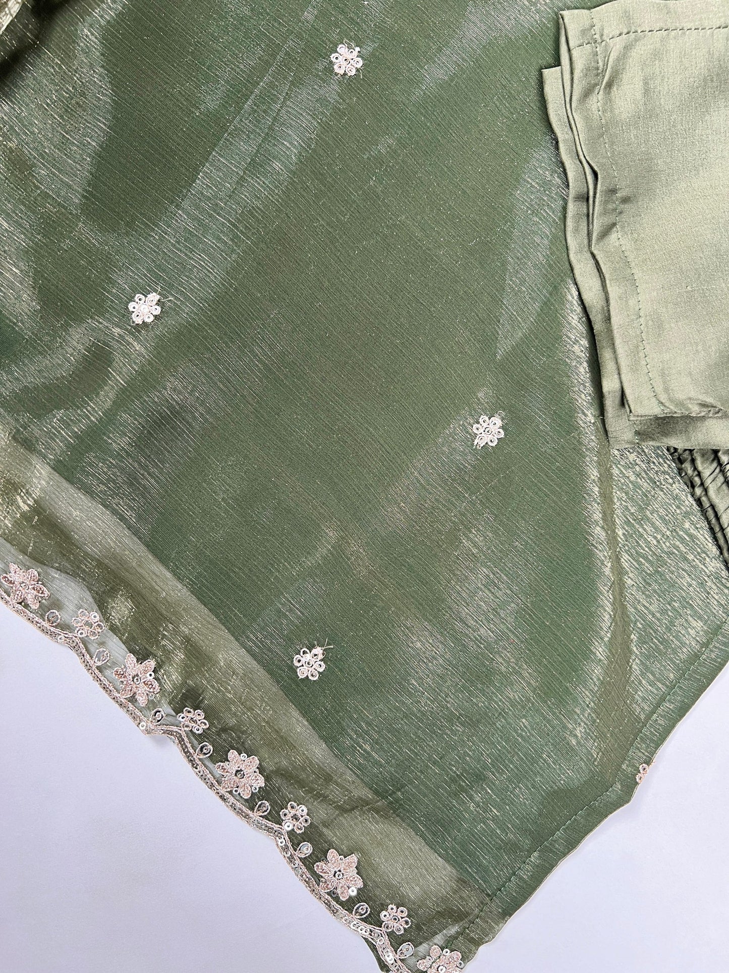 Olive Green Elegant Gold Coin Top & Maska Cotton Bottom Set with Sequins & Thread Embroidery – Stitched Top with Matching Dupatta